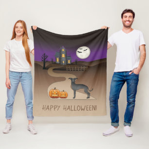 Black Iggy Cute Dog And Halloween Haunted House Fleece Blanket