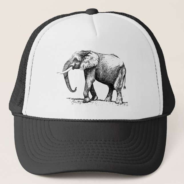 Black Illustration Of An Elephant Trucker Hat (Front)