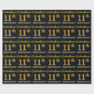 Black, Imitation Gold "11th BIRTHDAY" Wrapping Paper