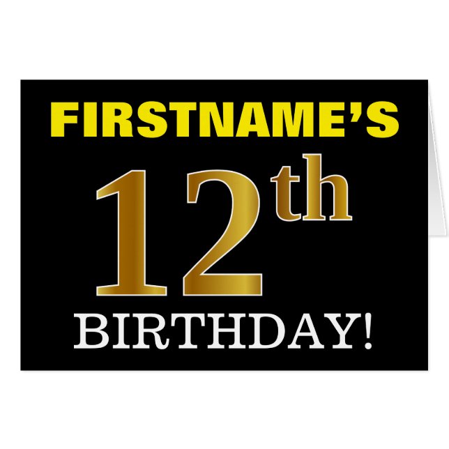 Black, Imitation Gold "12th BIRTHDAY" Card (Front Horizontal)
