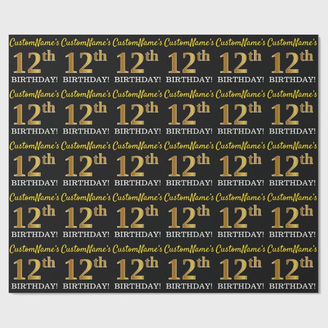 Black, Imitation Gold "12th BIRTHDAY" Wrapping Paper (Flat)