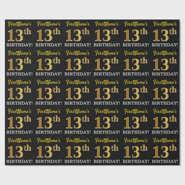 Black, Imitation Gold "13th BIRTHDAY" Wrapping Paper (Flat)
