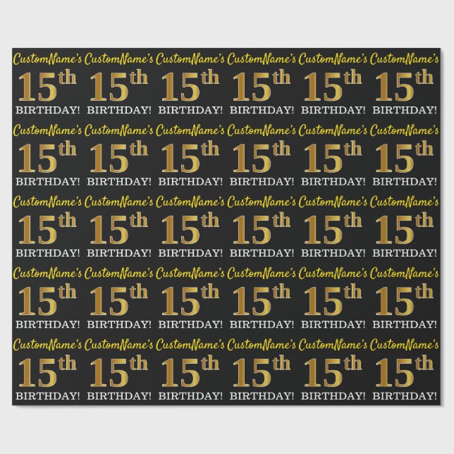 Black, Imitation Gold "15th BIRTHDAY" Wrapping Paper (Flat)