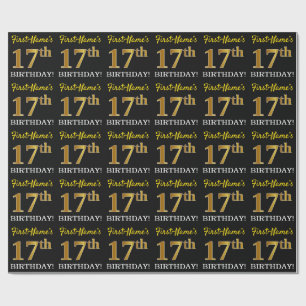 Black, Imitation Gold "17th BIRTHDAY" Wrapping Paper