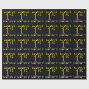 Black, Imitation Gold "1st BIRTHDAY" Wrapping Paper