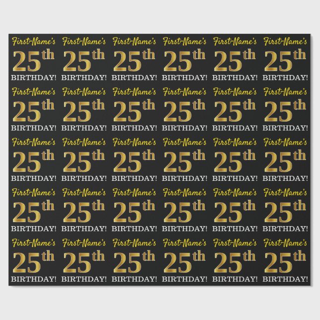 Black, Imitation Gold "25th BIRTHDAY" Wrapping Paper (Flat)