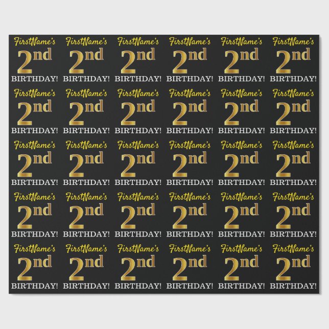 Black, Imitation Gold "2nd BIRTHDAY" Wrapping Paper (Flat)