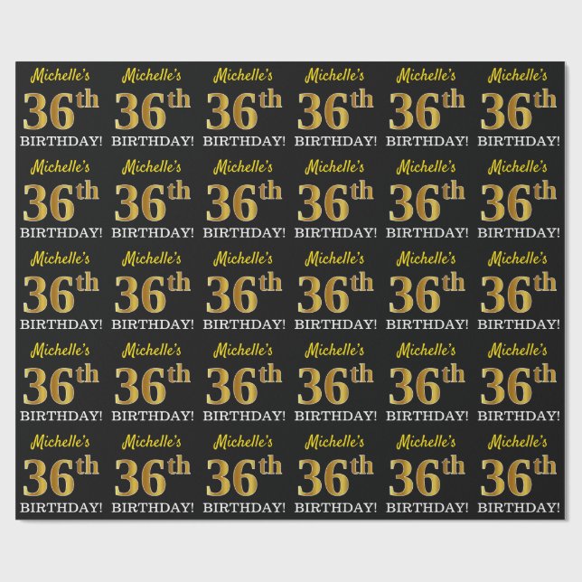 Black, Imitation Gold "36th BIRTHDAY" Wrapping Paper (Flat)