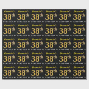 Black, Imitation Gold "38th BIRTHDAY" Wrapping Paper