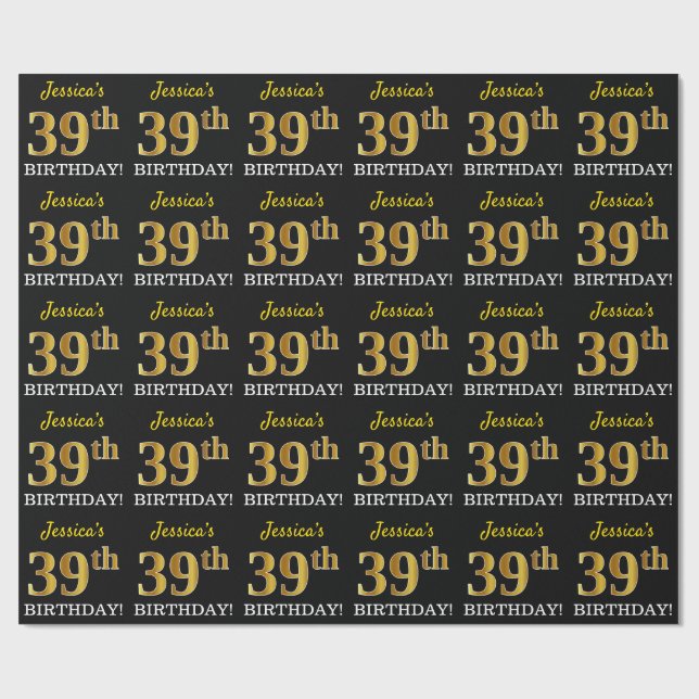 Black, Imitation Gold "39th BIRTHDAY" Wrapping Paper (Flat)