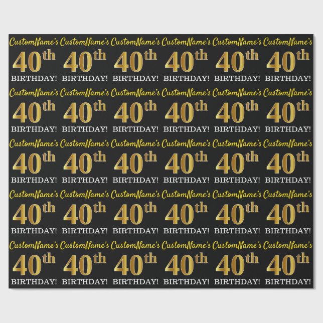 Black, Imitation Gold "40th BIRTHDAY" Wrapping Paper (Flat)