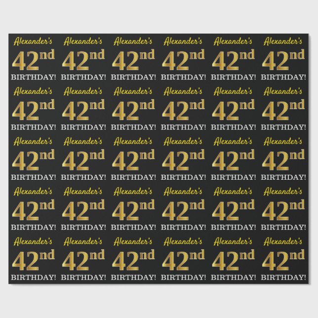 Black, Imitation Gold "42nd BIRTHDAY" Wrapping Paper (Flat)