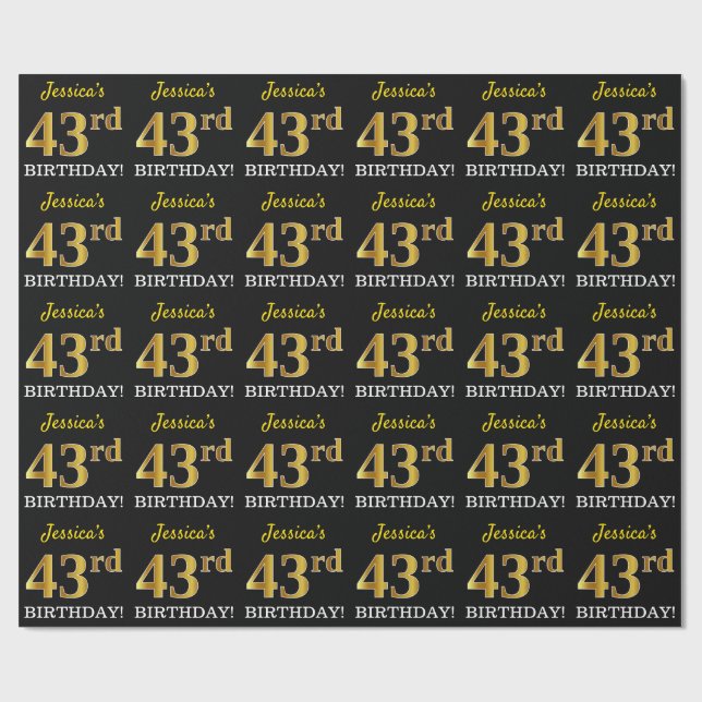 Black, Imitation Gold "43rd BIRTHDAY" Wrapping Paper (Flat)