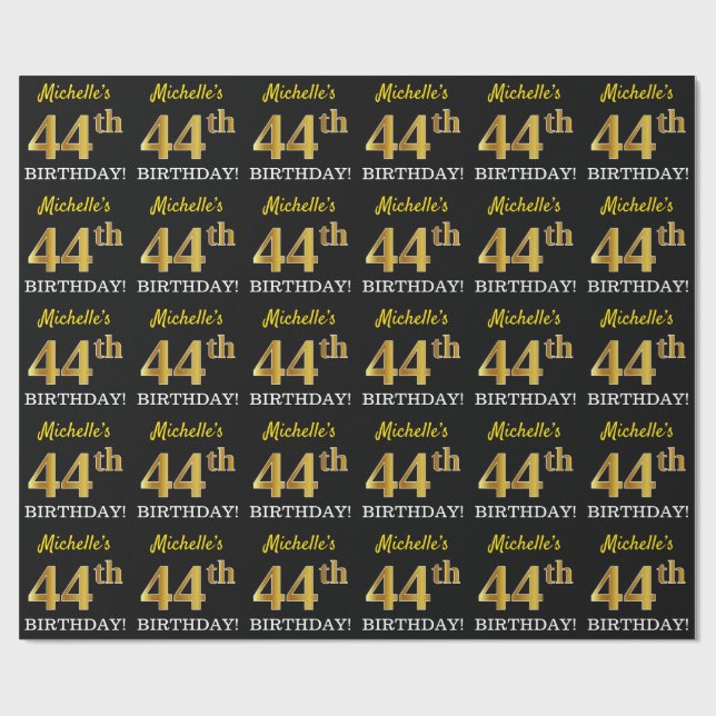 Black, Imitation Gold "44th BIRTHDAY" Wrapping Paper (Flat)