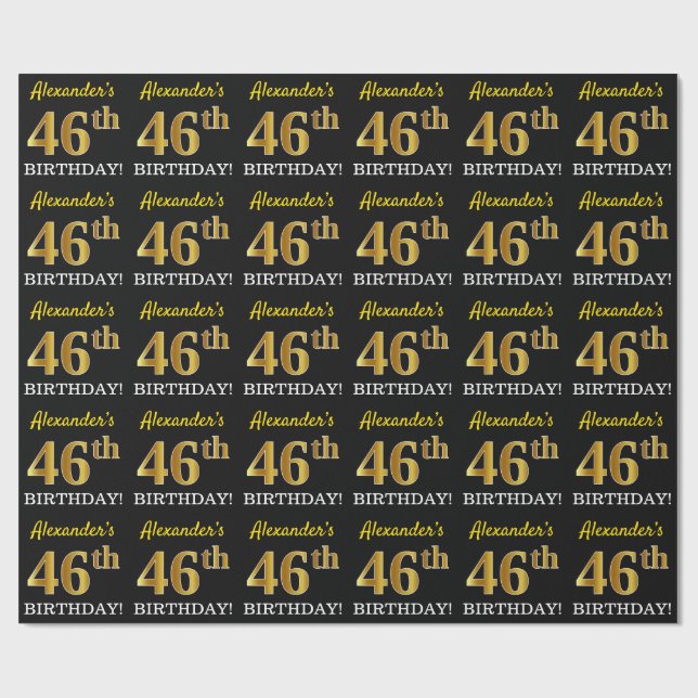 Black, Imitation Gold "46th BIRTHDAY" Wrapping Paper (Flat)