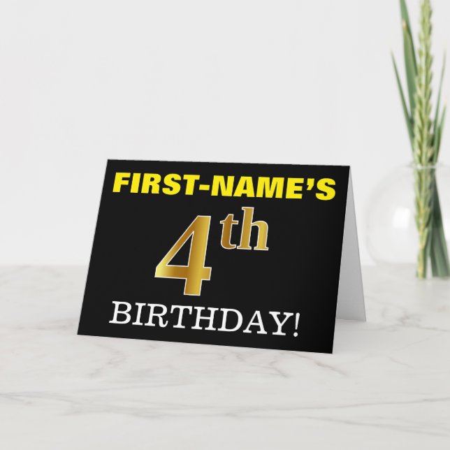 Black, Imitation Gold "4th BIRTHDAY" Card (Front)
