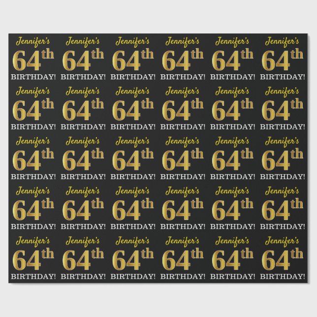 Black, Imitation Gold "64th BIRTHDAY" Wrapping Paper (Flat)