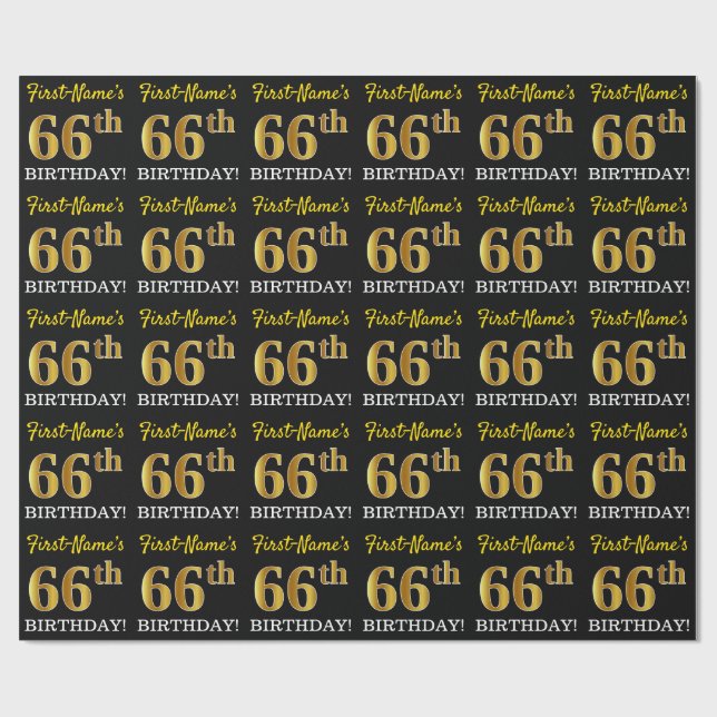 Black, Imitation Gold "66th BIRTHDAY" Wrapping Paper (Flat)