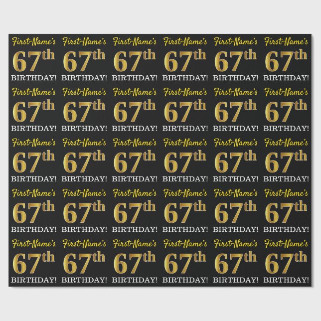Black, Imitation Gold "67th BIRTHDAY" Wrapping Paper (Flat)