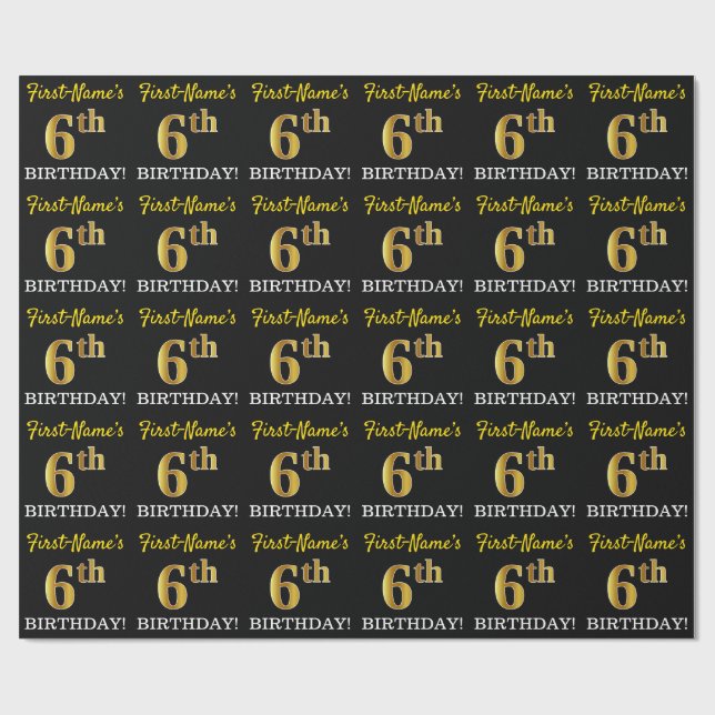 Black, Imitation Gold "6th BIRTHDAY" Wrapping Paper (Flat)