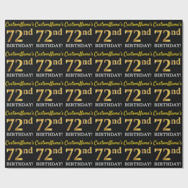 Black, Imitation Gold "72nd BIRTHDAY" Wrapping Paper (Flat)
