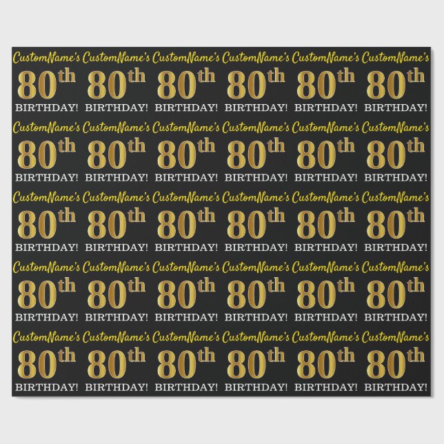 Black, Imitation Gold "80th BIRTHDAY" Wrapping Paper (Flat)