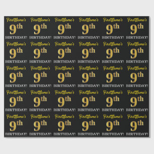 Black, Imitation Gold "9th BIRTHDAY" Wrapping Paper