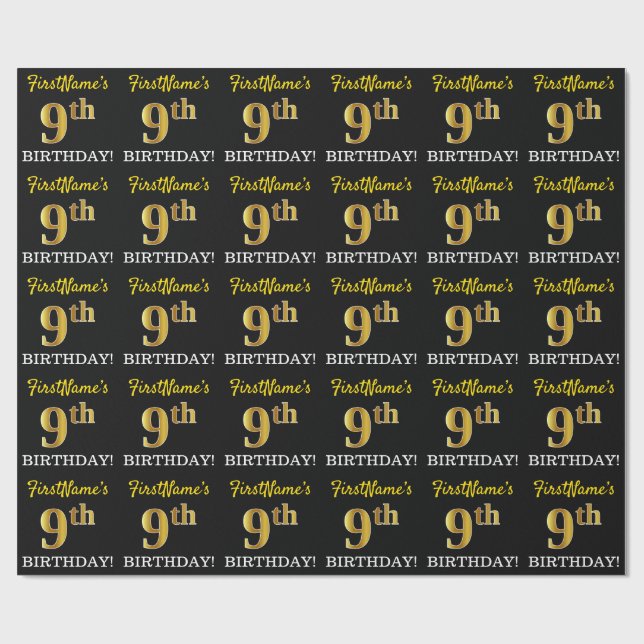 Black, Imitation Gold "9th BIRTHDAY" Wrapping Paper (Flat)