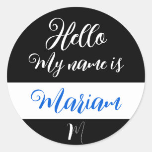 Black (Initial Letter & Name) Hello My Name is Classic Round Sticker