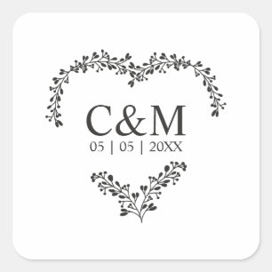 Black Initial On a Branches Heart Square Sticker