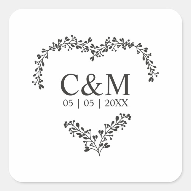 Black Initial On a Branches Heart Square Sticker (Front)