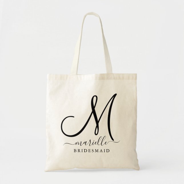Black Initial Script Name Floral Bridesmaid Large  Tote Bag (Front)