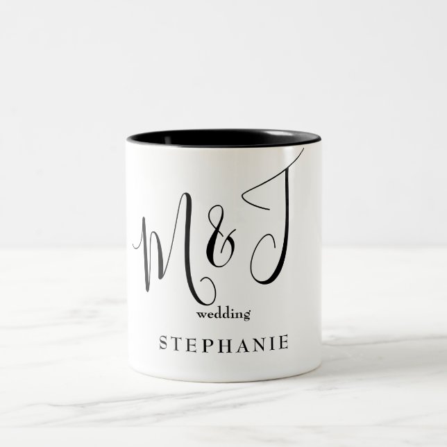 Black Initials & Name Wedding Two-Tone Coffee Mug (Center)