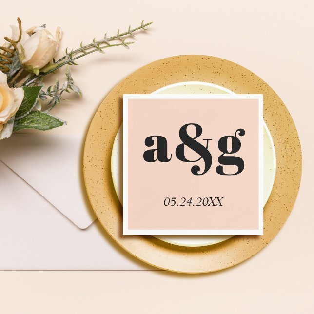 Black initials typography peach pink poppy wedding napkin (Creator Uploaded)