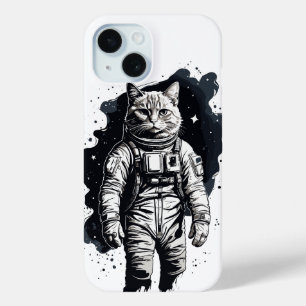 Black Ink Astronaut Cat Design iPhone 15 Case