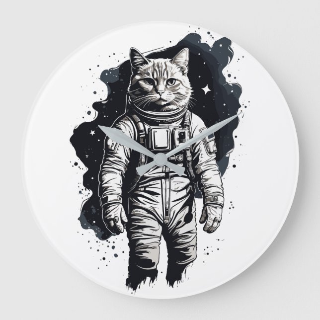 Black Ink Astronaut Cat Design Large Clock (Front)