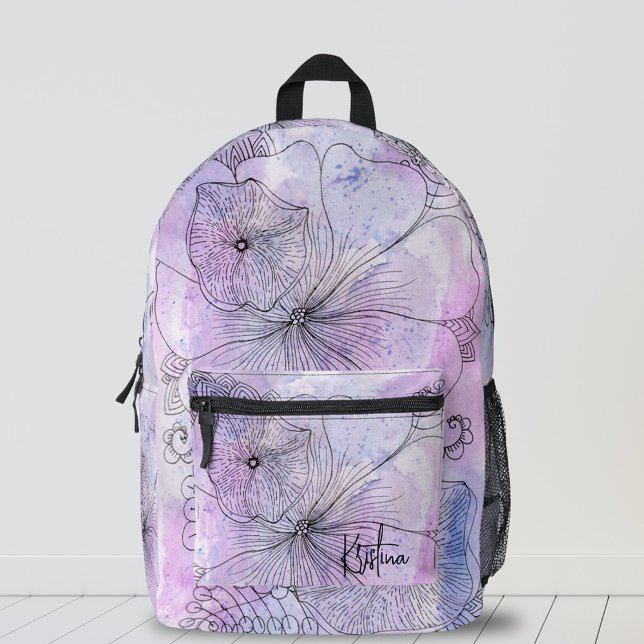 Black Ink Botanicals on Soft Pastel Watercolor  Printed Backpack (Creator Uploaded)