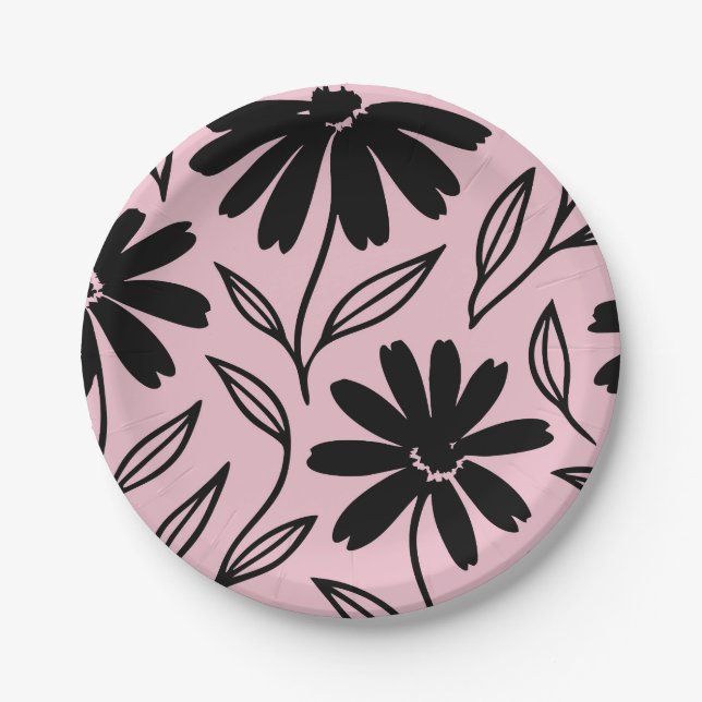 Black Ink Daisies Pink Boho Bridal Shower Paper Plate (Front)