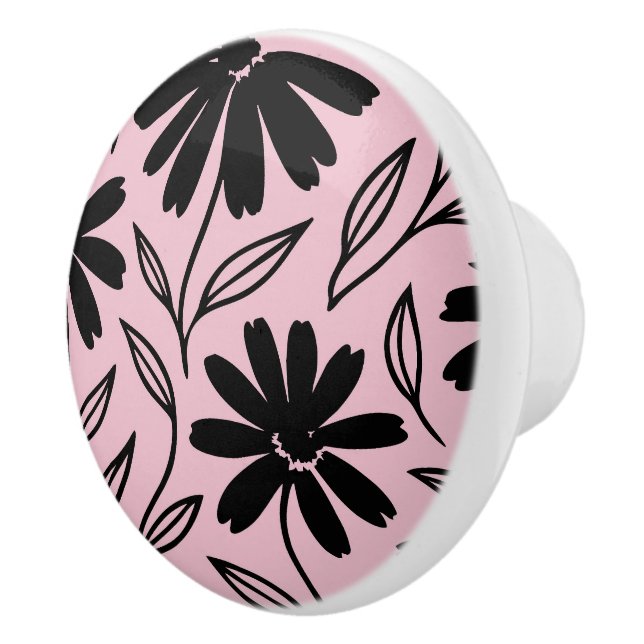 Black Ink Daisies Pink Boho  Ceramic Knob (Right)