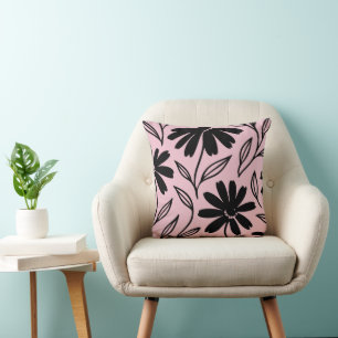 Black Ink Daisies Pink Boho  Cushion