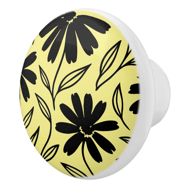 Black Ink Daisies Yellow Boho  Ceramic Knob (Right)