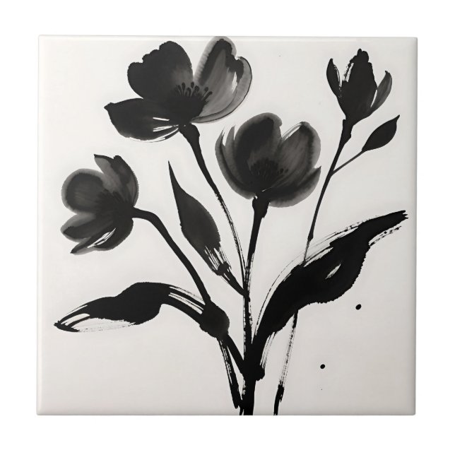 Black Ink Flower Bouquet Ceramic Tile (Front)