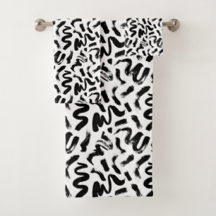 Black Ink Paint Brush Stroke Pattern Bath Towel Set