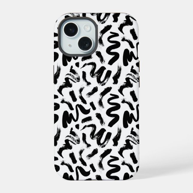 Black Ink Paint Brush Stroke Pattern iPhone 15 Case (Back)