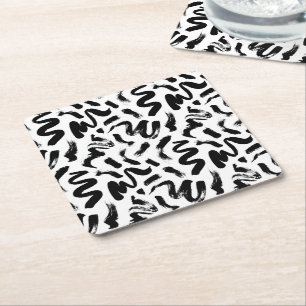 Black Ink Paint Brush Stroke Pattern Square Paper Coaster