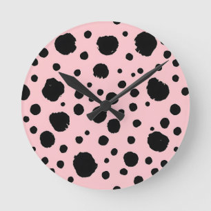 Black Ink Spots Pink Polka Pattern Round Clock