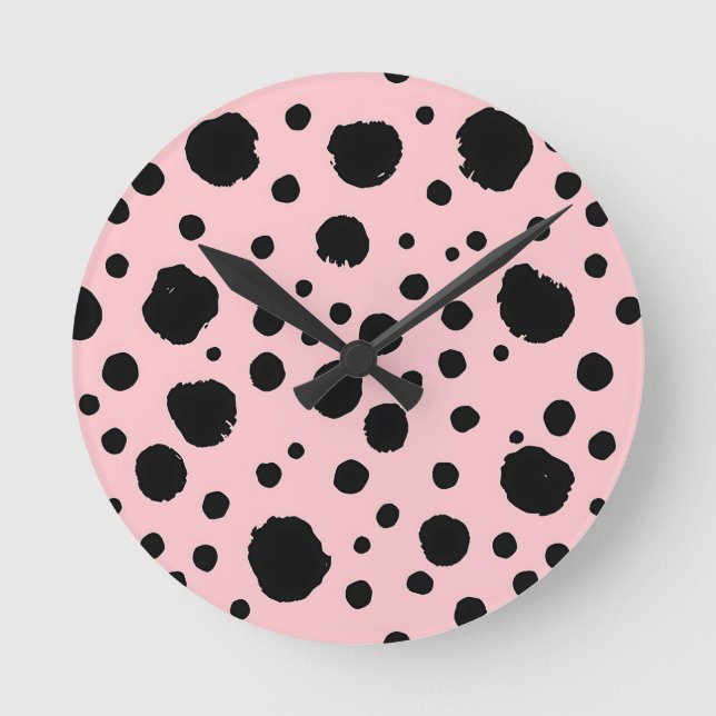 Black Ink Spots Pink Polka Pattern Round Clock (Front)