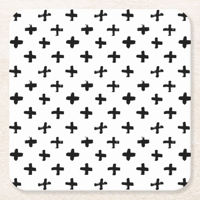 Black Ink Stoke Cross Pattern Square Paper Coaster (Front)
