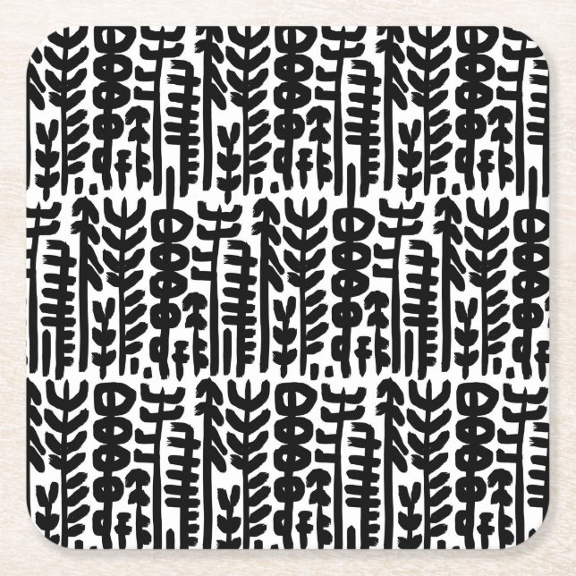 Black Ink Stroke Tree Pattern Square Paper Coaster (Front)