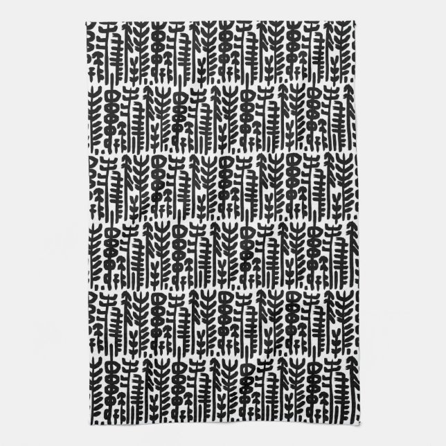 Black Ink Stroke Tree Pattern Tea Towel (Vertical)